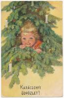 1926 Karácsonyi üdvözlet! / Christmas greeting art postcard, child in the Christmas tree (EK)