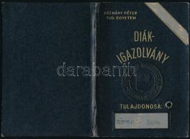 1947 Bp., a Pázmány Péter Tudományegyetem által kiállított fényképes diákigazolvány, egyenruhás kato...