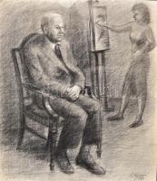Ujváry Lajos (1925-2006): Műteremben. Szén, papír, jelzett. 47,5x41,5 cm