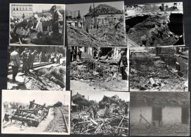 cca 1941-1945 Vegyes különféle helyszíneket ábrázoló bombázások fotói, 12 db, kettő a hátoldalán feliratozva, pár hátoldalán bélyegzéssel, változó állapotban, egy javított, 12x17 cm és 8x11 cm közötti méretben