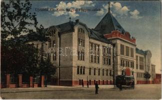 1916 Újvidék, Novi Sad; Kir. Katolikus Magyar főgimnázium, villamos / grammar school, tram