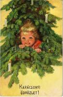 1928 Boldog karácsonyi ünnepeket! / Christmas greeting art postcard, children with sled. ERIKA Nr. 6049.