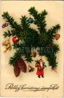 Boldog karácsonyi ünnepeket! / Christmas greeting art postcard, Saint Nicholas as Christmas tree ornament (EK)