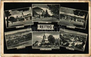 1943 Retteg, Reteag; Református templom, Fő utca, iskola, Fő tér, Római katolikus templom / Calvinist church, main street, school, Catholic church (fa)