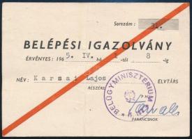 1965 Belügyminisztériumi belépési igazolvány