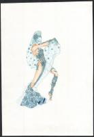 Jelzés nélkül: Hölgy kék ruhában (Jelmez- vagy divatterv). Akvarell, ceruza, papír. 38,5x27 cm