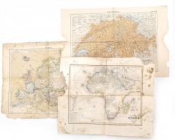 cca 1840-1880 3 db régi térkép (Európa, Afrika, Svájc), rossz állapotban, 50x38 cm körüli méretben