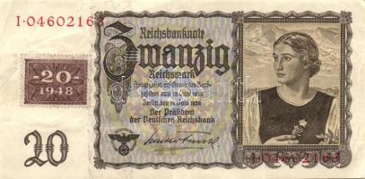 NDK 1948. 20DM "Kupon-bankjegy" (kupon ráragasztva a 20RM 1939-es kiadású bankjegyre) (2x) kevésugrású sorszámokkal T:II-