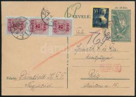 1945 (3. díjszabás) Díjjegyes levelezőlap elégtelen bérmentesítés miatt 3 x 2P/50f portóval ellátva, cenzúrázva / PS-card with postage due stamps, with censorship