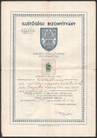1939 Bp., illetőségi bizonyítvány Grosz Ármin izraelita vallású hivatalnok részére, szárazpecséttel, 1 P okmánybélyeggel