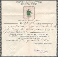1939 Bp., illetőségi bizonyítvány Grosz Ármin izraelita vallású hivatalnok részére, szárazpecséttel,...