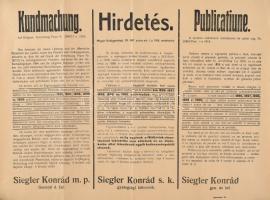 1918 Hirdetés, a Magyar Hadügyminisztérium rendeletére hivatkozó 3 nyelvű (német, magyar, román) hir...