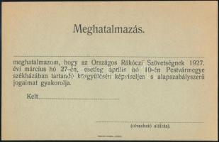 1927 Az Országos Rákóczi Szövetség meghatalmazó lapja közgyűlésen való képviseletről, kitöltetlen le...