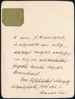 1901 Kammerer Ernő (1856-1920) ja Szépművészeti Múzeum első igazgatójának (1901-1914) saját kézzel írt köszönő levele, 1901. okt. 6., saját kezű aláírásával.