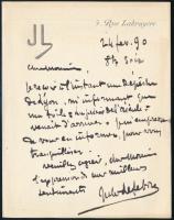 1890 Jules Lefebvre (1836-1911) francia festőművész saját kézzel írt levele, saját kézzel írt aláírásával, francia nyelven.