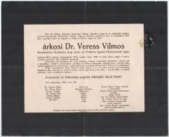 1920 Kolozsvár (Cluj), árkosi Dr. Veress Vilmos, Kereskedelmi Akadémiai nyug. tanár, az Unitárius Egyház Főtanácsának tagja halotti értesítője, folttal