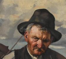 Parobek Alajos (1896-1947): Pipázó. Olaj, vászon. Jelzett. Dekoratív, kissé sérült fakeretben. 80×60...