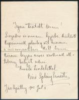 1902 Báró Splény Ernesta festőművész saját kézzel írt levele, ismeretlen részére, saját kezű aláírásával.