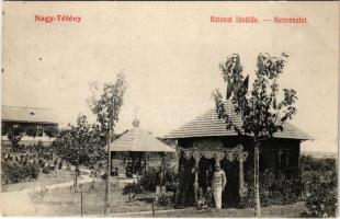 1912 Budapest XXII. Nagytétény, Nagy-Tétény; Cs. és kir. katonai lövölde, kert részlet, K.u.K. katonák