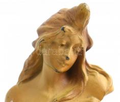 Szecessziós női büszt, hidegen festett ón, kopásnyomokkal, jelzett, 1900 körül, / Art nouveau female...