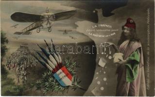 La France Vidant sa bourse pour La Maitrise de lAir. Pro Patria / WWI French military art postcard, patriotic propaganda