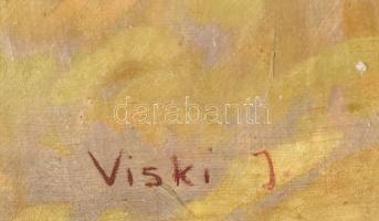 Viski János (1891-1987): Cowboyok. Olaj, vászon, jelzett, kissé sérült. Dekoratív, sérült fa keretbe...