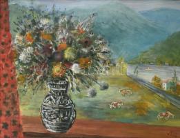 Klie Zoltán (1897-1992): Ősz Zebegényben. Akvarell, papír, jelzett. Hátoldalán autográf felirattal. Bal felén apró lyukkal. Üvegezett, sérült fa keretben, 37×46,5 cm