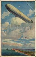 1918 Reichsmarineluftschiff. Wacht an deutscher Ostseeküste. Deutscher Luftflotten-Verein / WWI German military art postcard, German Navy airship, naval aircraft s: Hans Rudolf Schulze (EB)