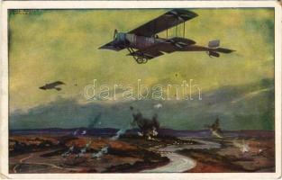 Militärdoppeldecker auf Erkundungsflug an der Marne. Deutscher Luftflotten-Verein / WWI German military art postcard, military aircrafts s: Hans Rudolf Schulze (EK)