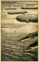 Nach England! / WWI German military art postcard, airships and battleships (fl)