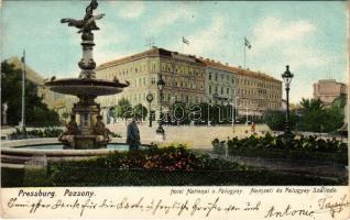 1904 Pozsony, Pressburg, Bratislava; Nemzeti és Palugyay szálloda, szökőkút. Verlag Bediene dich allein / hotels, fountain (EK)