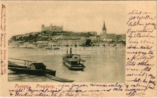 1900 Pozsony, Pressburg, Bratislava; látkép, vár, gőzhajó. Carl Otto Hayd Kunstanstalt / general view, castle, steamship