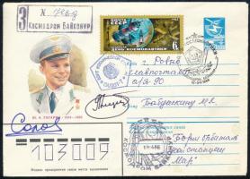 Vlagyimir Szolovjov (1946- ) és Leonyid Kizim (1941-2010) szovjet űrhajósok aláírásai emlék borítékon / Signatures of Vladimir Solovjov (1946- ) and Leonid Kizim (1941-2010) Soviet astronauts on cover