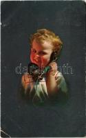 1923 Children art postcard, child with telephone (EK)