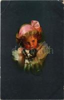 1923 Children art postcard, child with telephone (EB)