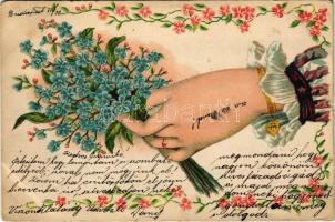 1905 Art Nouveau, floral, litho greeting card (kis szakadás / small tear)