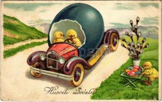 1935 Húsvéti üdvözlet / Easter greeting art postcard with chicken in an eggmobile (EK)