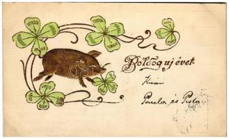 1903 Boldog Újévet! / New Year greeting art postcard with golden pig and clovers. Emb. litho