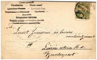 1903 Boldog Újévet! / New Year greeting art postcard with golden pig and clovers. Emb. litho