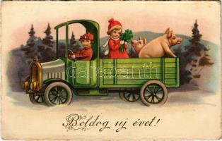 1927 Boldog Újévet! / New Year greeting art postcard with pigs in a truck. EAS M. 919. (EK)