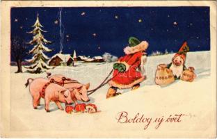 1934 Boldog Újévet! / New Year greeting art postcard with Saint Nicholas, pigs, mushroom and dwarf (EK)