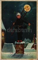 1934 Boldog Újévet! / New Year greeting art postcard with chimney sweeper. L&P 1543/IV (kis szakadás / small tear)