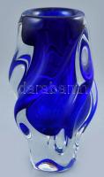 Cseh kék üvegváza, anyagában színezett, hibátlan, m:17cm