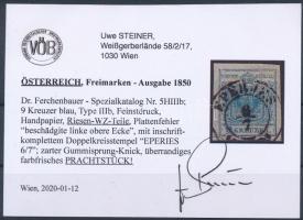 1850 9kr HP III finom nyomat lemezhibával, nagy vízjellel / fine print, with plate flaw and watermar...