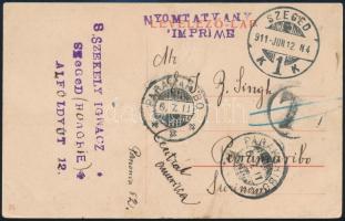 1911 TCV képeslap Turul 5f bélyeggel Holland Guyanába, Surinameba küldve, érvénytelenített T portóbé...