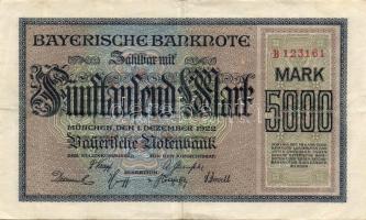 Német Birodalom/Weimari Köztársaság/München/Bayerische Notenbank 1922.12.1. 5000M T:II/III