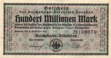 Német Birodalom/Weimari Köztársaság/Német Birodalmi Vasutak/Dresden 1923.9.25. 100.000.000M T:II