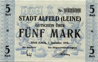 Német Birodalom/Weimari Köztársaság/Alfeld 1918.12.1. 1M, 2M, 5M, 10M, 20M komplett sor! T:I,II