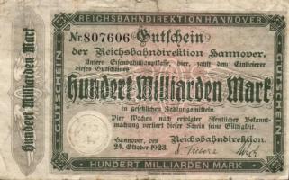 Német Birodalom/Weimari Köztársaság/Német Birodalmi Vasutak/Hannover 1923.10.24. 100.000.000.000M sorszám "Nr." T:III-