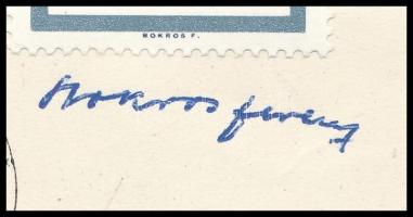 9 db bélyegtervező művész, grafikus aláírása általuk tervezett képeslapon: Dargay, Kass János, Eszes...